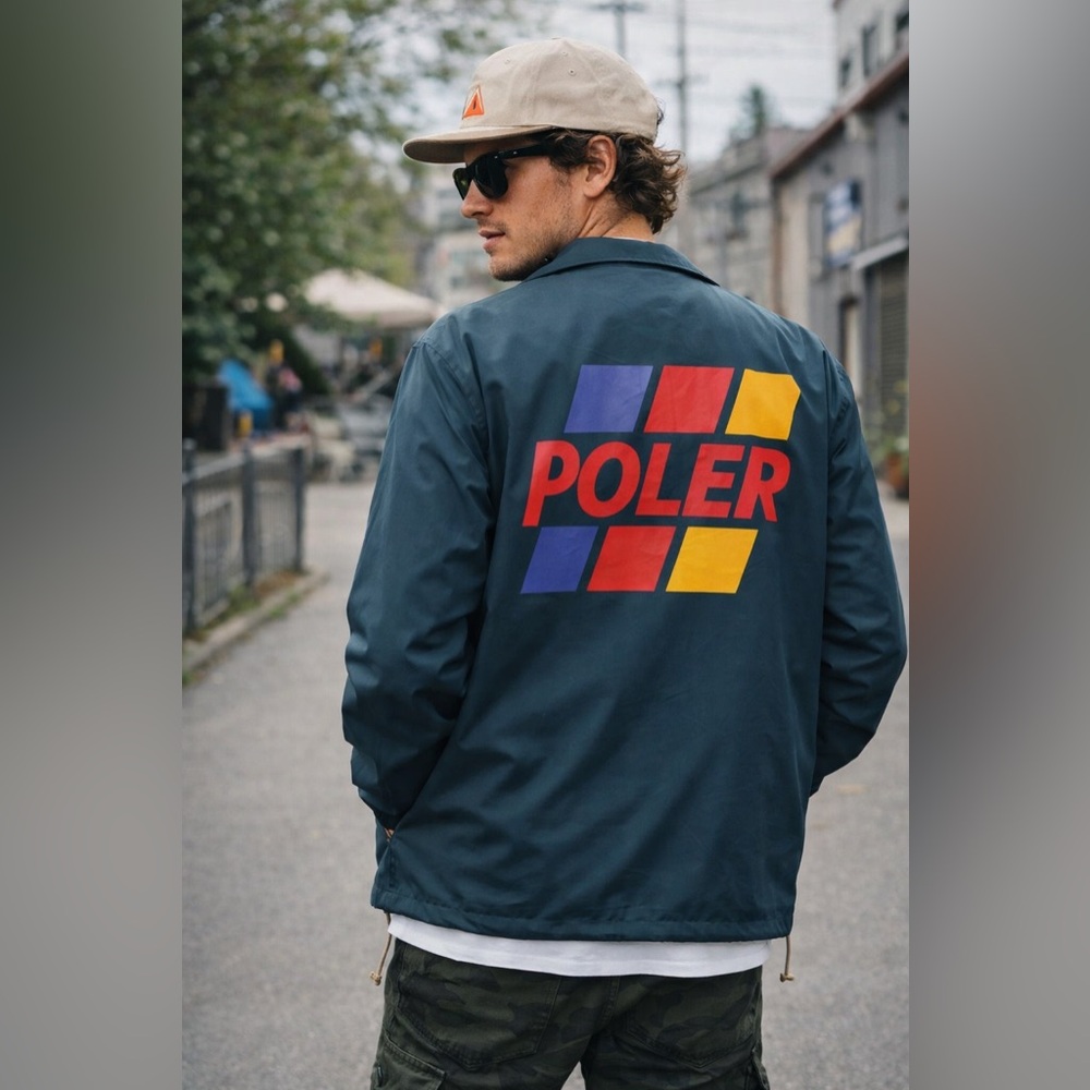 Poler Outdoor Stuff Lifto Coaches Jacket Dark Ocean M NWT Camp Vibes Windbreaker